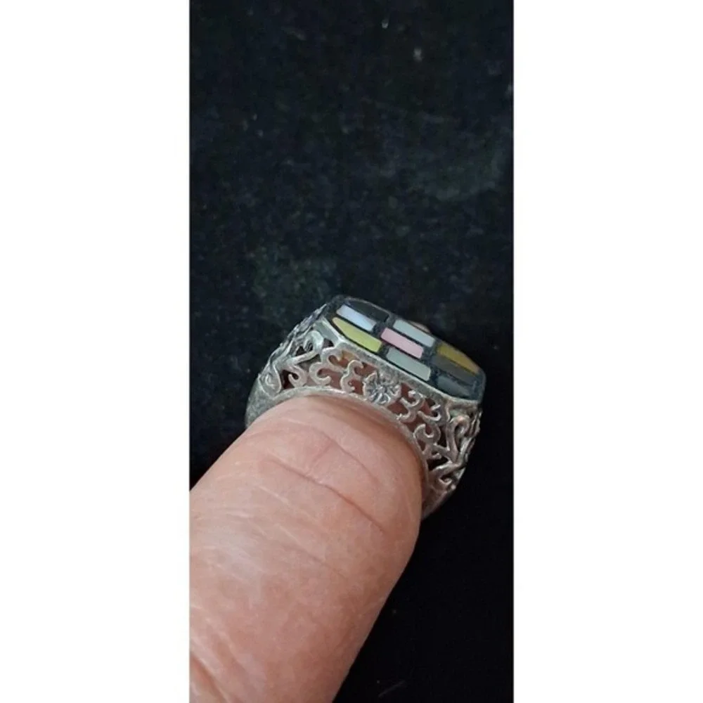 Sterling silver mosaic Abalone inlay Statement ring Size 7/ 1960s